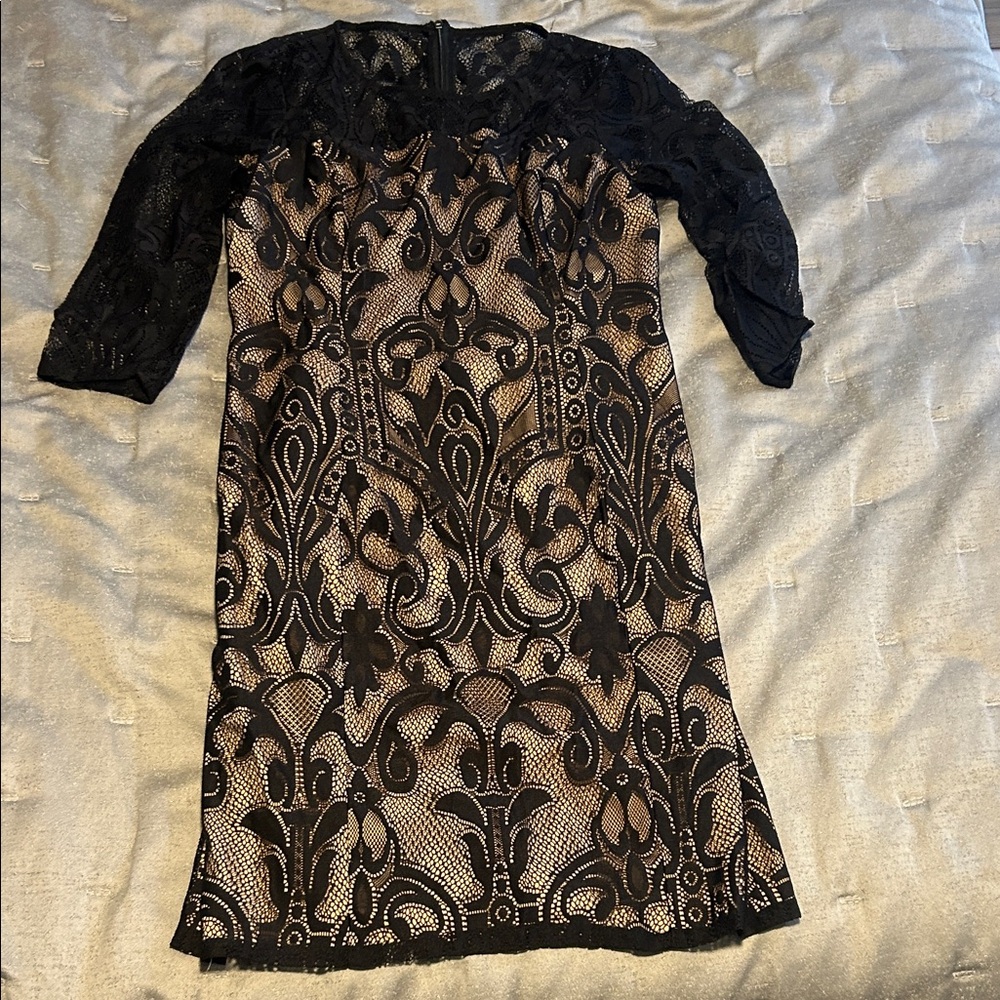 Adrianna Papell Black and Tan Lace Dress